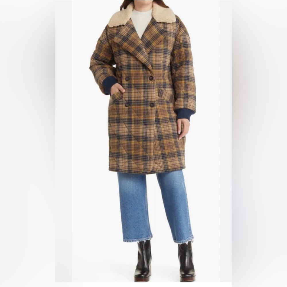 Levi’s Quilted Plaid Double Breasted Fleece Jacket with Cream Collar L - Picture 6 of 15